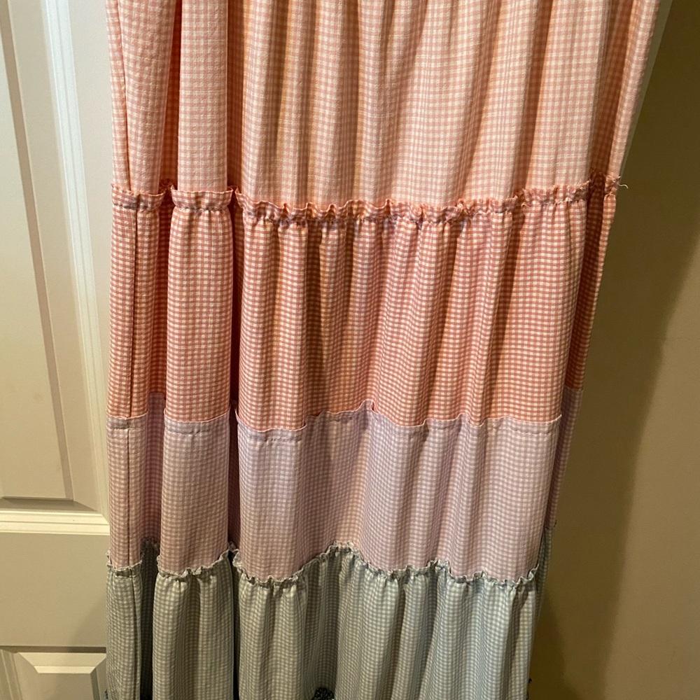 Easel maxi dress in layered pastel colors in gingham checks.